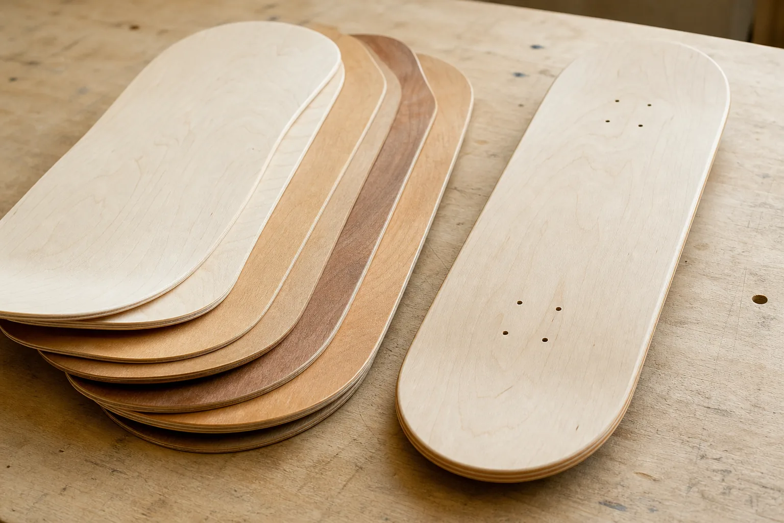 Cold-pressed maple skateboard deck layers in production